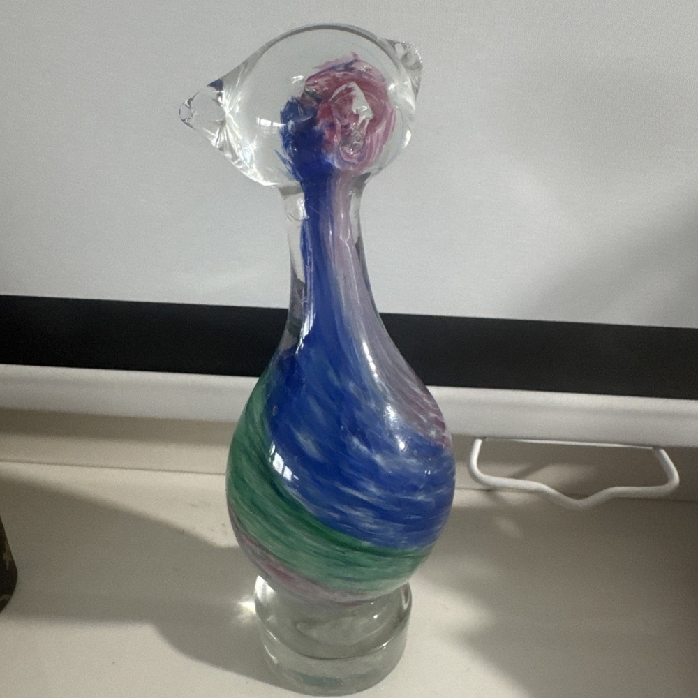 Murano Art Glass Blue , Green and Red Swirl Cat Figure, Made in Italy Read Descr